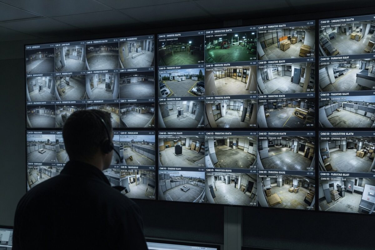 Surveillance feeds displayed on a wall of monitors
