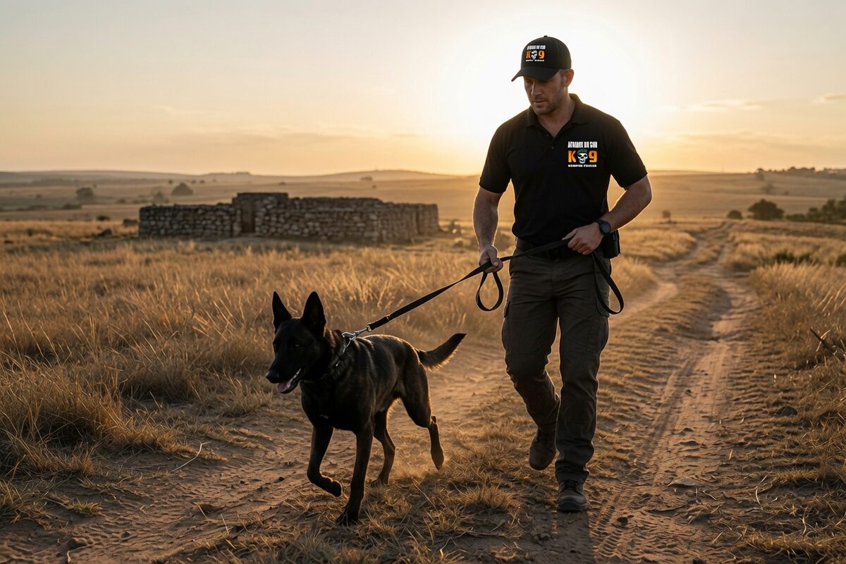 A K9 team on rural terrain
