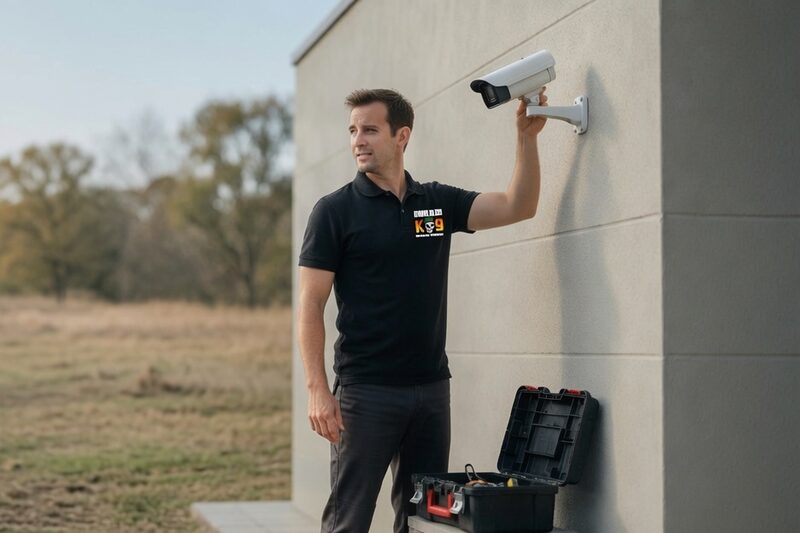 Security technician installing equipment