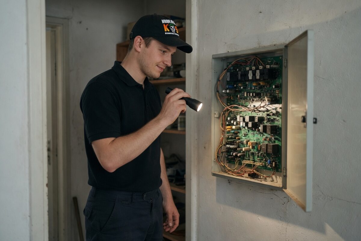 An ADS K9 technician inspecting an existing security system being taken over