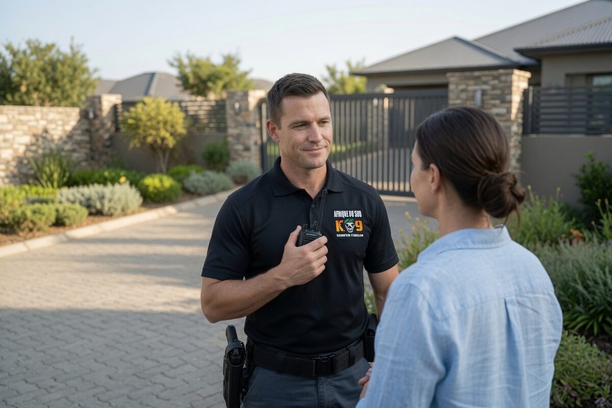 Officer briefing a client at a property gate.