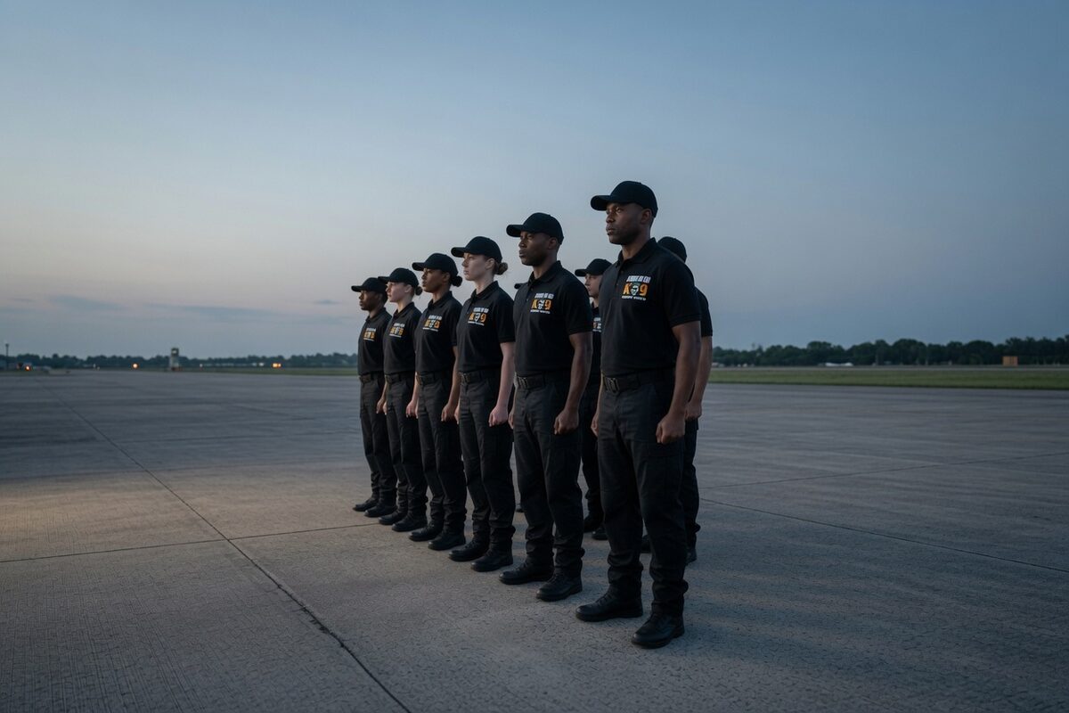 Drill formation at a training ground at dawn.