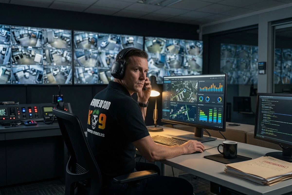 Operator at a multi-screen monitoring desk.